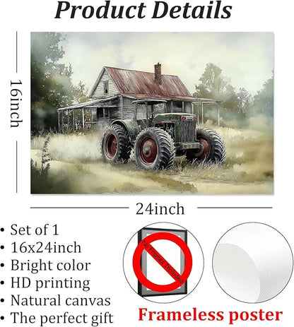 Vintage Tractor Pictures Farmhouse Truck Wall Art Rustic Farmhouse Painting Old Barn Posters Vintage Country Paintings Modern Farm Prints Green Tractor Pictures for Living Room 16x24in No Frame