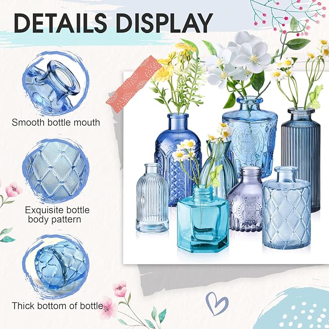 Yaomiao 60 Pcs Vases Bulk Colored Flower Glass Vases Bud Vintage Colored Glass Bottles Colorful Rustic Embossed for Home Wedding Table Decorations Gifts (Blue Series)