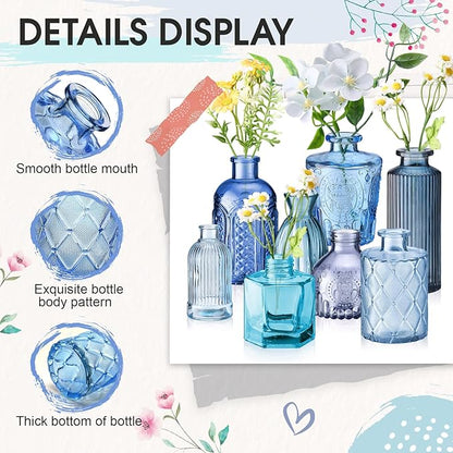 Yaomiao 60 Pcs Vases Bulk Colored Flower Glass Vases Bud Vintage Colored Glass Bottles Colorful Rustic Embossed for Home Wedding Table Decorations Gifts (Blue Series)