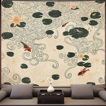 Lifeella Japanese Tapestry, Koi Pond Tapestry, Abstract Lotus Lily Wall Hanging, Zen Nature Aesthetic Art Wall Decor for Bedroom Living Room Dorm, Beige 44x60 inches