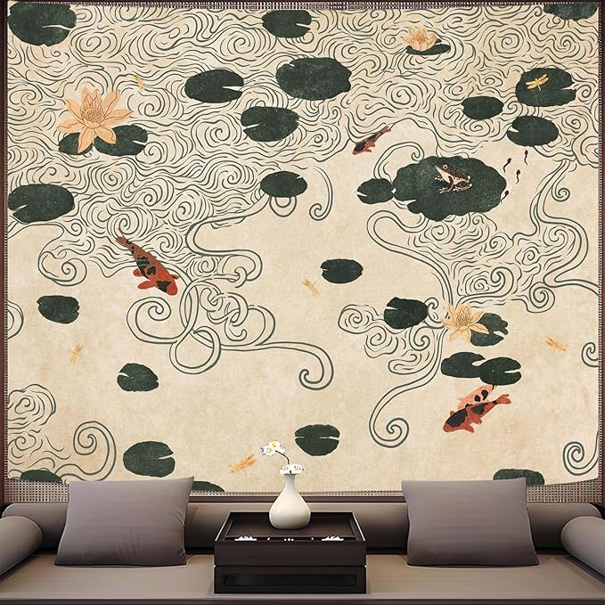 Lifeella Japanese Tapestry, Koi Pond Tapestry, Abstract Lotus Lily Wall Hanging, Zen Nature Aesthetic Art Wall Decor for Bedroom Living Room Dorm, Beige 36x48 inches