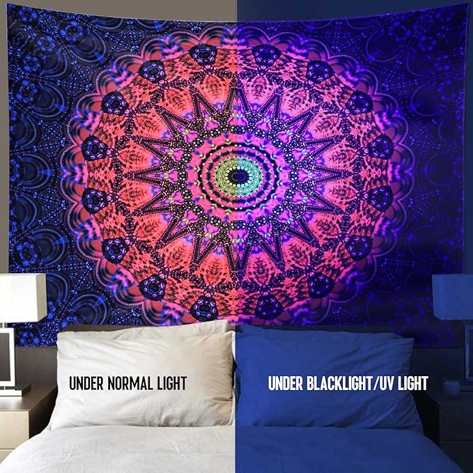 ADDWel Blacklight Mandala Boho Tapestry Glow In The Dark, Black Light Bohemian Hippie Poster Wall Hanging for Bedroom Aesthetic Wall and Room Decor (30" x 40", Mandala)