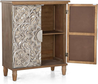 MAISON ARTS Accent Cabinet with 2 Doors and 1 Shelf, Silver Embossed Storage Cabinet with Solid Wood Frame, Holds Up to 245lbs, Elegant Furniture for Living Room or Entryway