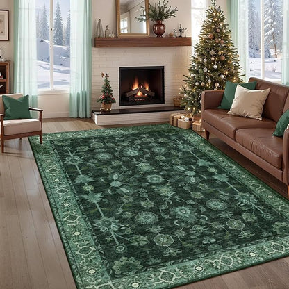 Tangsoo 2x4 Washable Entry Rug, Small Green Area Throw Rugs for Entryway Non Slip, Distressed Vintage Floral Thin Rug for Kitchen Bedroom, Low Pile Floor Carpet Front Door Mat for Entrance Foyer Decor