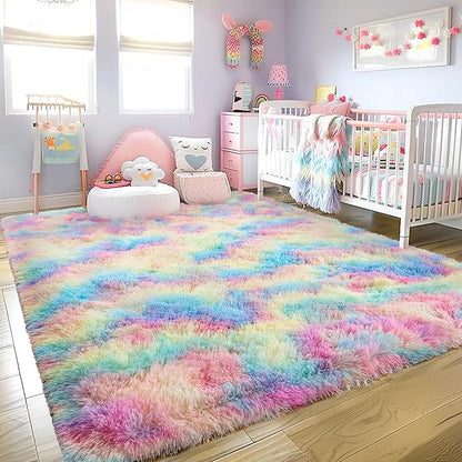 Super Fluffy Rug for Bedroom, 4x6 Shag Fuzzy Area Rug for Living Room Bedroom, Plush Soft Carpet for Girls Boys Kids, Non Slip Throw Rugs for Dorm, Modern Home Decor Aesthetic, Rainbow