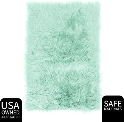 5 x 7 ft Fluffy Mint Green Rug – Faux Fur Area Rug for Bedroom, Living Room, or Office – Luxurious Faux Sheepskin Home Decor
