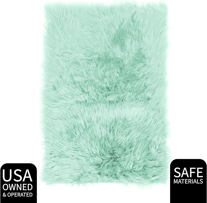 3 x 5 ft Fluffy Mint Green Rug – Plush Faux Fur Carpet for Bedroom, Living Room, or Entryway – Faux Sheepskin Area Rug for Stylish Decor