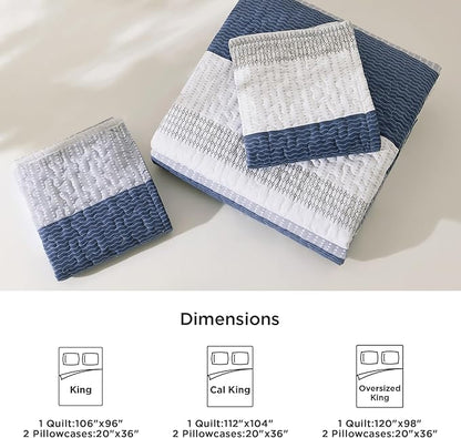 Litanika Quilt King Size Mineral Blue, Stripe Patchwork Summer Bedspread Coverlet 3 Pieces, Soft Lightweight Microfiber Quilted Bedding Set for All Season(1 Quilt, 2 Pillowcases)