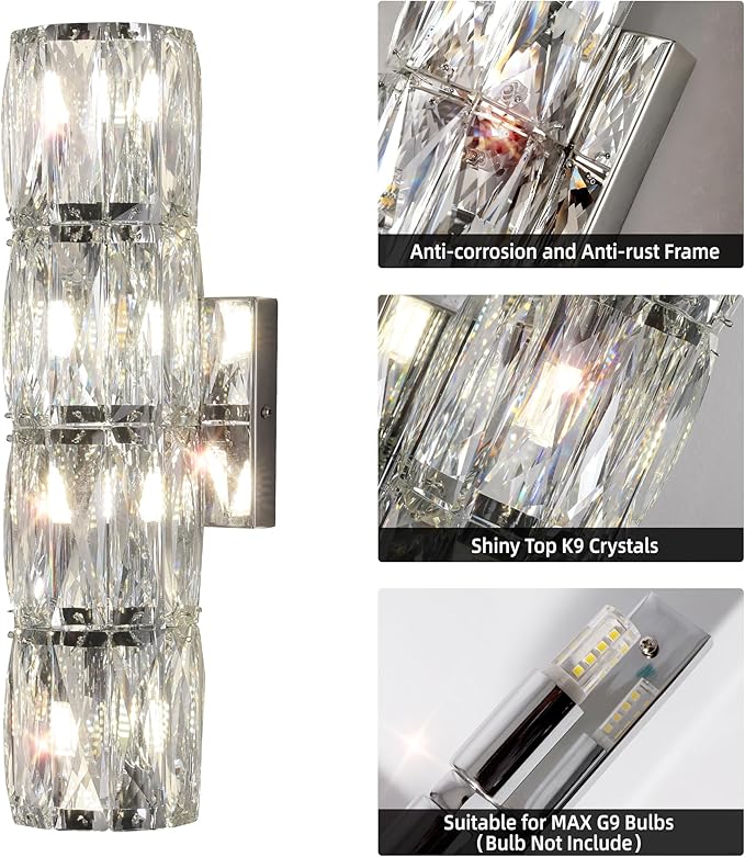 Crystal Wall Sconces Indoor, Modern Sconces Wall Lighting Fixtures Indoor Chrome Wall Mounted Lamp for Bedroom Living Room Hallway Bathroom Vanity Light Fixtures Over Mirror