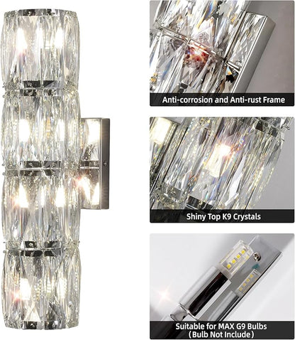 Crystal Wall Sconces Indoor, Modern Sconces Wall Lighting Fixtures Indoor Chrome Wall Mounted Lamp for Bedroom Living Room Hallway Bathroom Vanity Light Fixtures Over Mirror