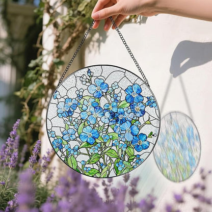Stained Glass Window Hanging, 8 Inch Forget Me Not Stained Glass Suncatcher, Window Hanging Decor, Flower Sun Catchers, Gifts for Flower Lover, Birthday Gifts for Lover, Friend, Family, Teacher