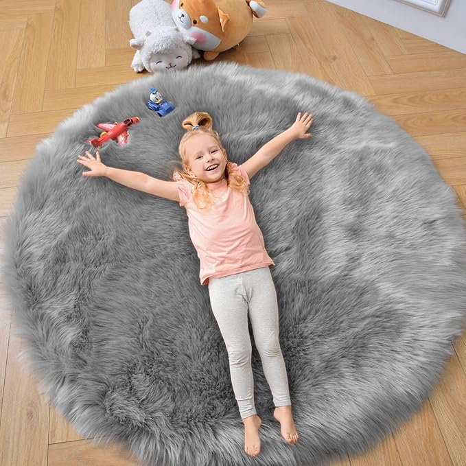 duduta Grey Faux Sheepskin Round Rug 4x4 ft, Fluffy Shag Fur Bedroom Nursery Kids Playroom Rug Dorm Decor Non Slip Washable