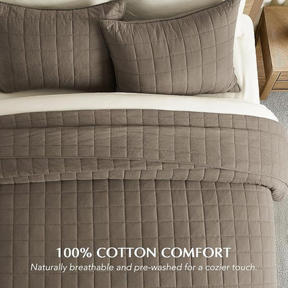 EVERGRACEHOME 100% Cotton Box Stitch Quilt Bedding Set Queen Size 3 Pieces, Garment-Washed Lightweight Soft Cozy Coverlet, Quilted Bedspread Sets with 2 Shams for All Season, Mocha Brown