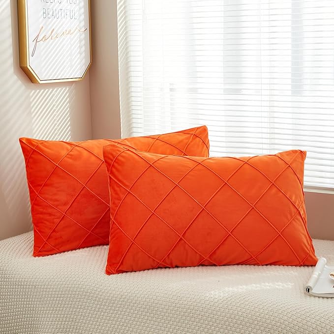 JAUXIO Diamond Pinch Pleated Crystal Velvet Pillowcases 2 Pack Solid Pintuck Throw Cushion Cover for Home Decor Hidden Zipper Closure (Bright Orange, Standard)