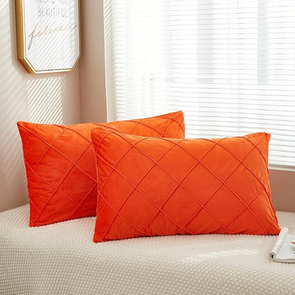 JAUXIO Diamond Pinch Pleated Crystal Velvet Pillowcases 2 Pack Solid Pintuck Throw Cushion Cover for Home Decor Hidden Zipper Closure (Bright Orange, Standard)
