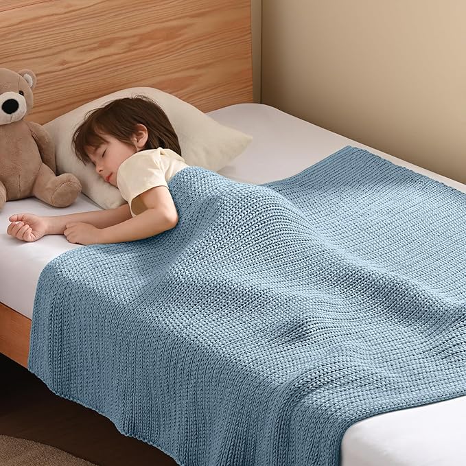 Guohaoi Knitted Weighted Blanket Kids (Haze Blue 50"x60" 5lbs) No Beads Cooling Heavy Blanket, Home Decor Breathable Chunky Knit Throw Blanket for All-Season Use