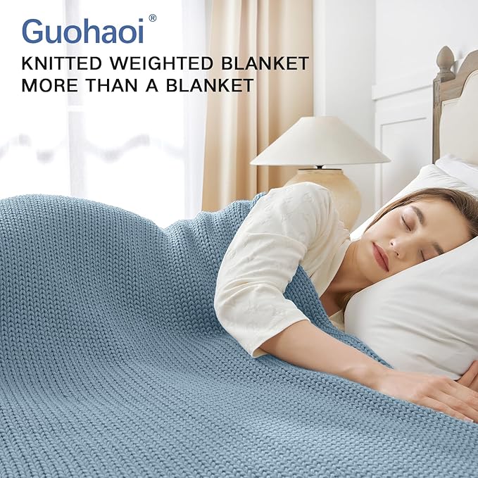 Guohaoi Knitted Weighted Blanket for Adults (Haze Blue 48"x72" 20lbs) No Beads Cooling Throw Blanket for Hot Sleepers, Home Decor Breathable Chunky Knit Heavy Blanket Use on Full Size Bed