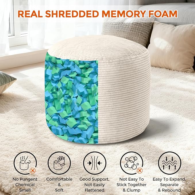 Pouf Ottoman Foot Rest, Comfortable & Soft, Round Footstool Ottoman for Living Room, Bedroom, Office, Room Decoration, Corduroy Foot Stool Pouf with Odorless & Anti-Clump Filling, Small Beige