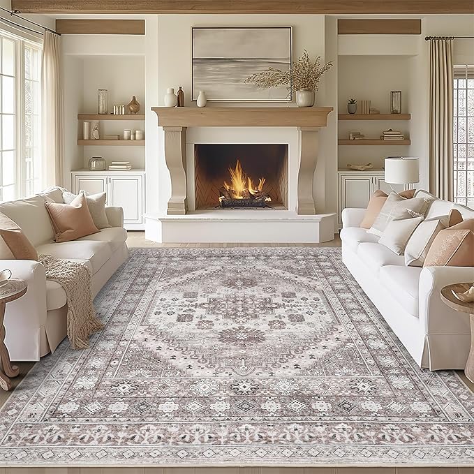 zesthome 8x10 Area Rugs for Living Room,Non-Slip Backing Washable Rugs,Vintage Large Area Rug，Stain Resistant Home Decor Rug (Brown/Beige,8'x10')