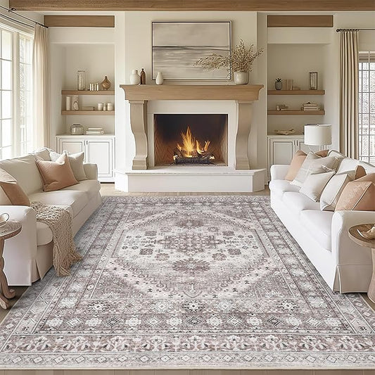 zesthome 7x9 Area Rug, Super Soft Washable Rugs for Living Room, Non-Slip Stain Resistant Vintage Rugs, Ultra-Thin Large Area Rugs (Brown/Beige,7'x9')