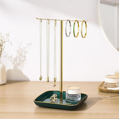 pickpiff Necklace Holder Stand with Ceramic Base: 12" Jewelry Tree Display Organizer for Necklaces, Bracelets, Rings, Earrings, Tall Gold and Green Stand for Women, Aesthetic Room Décor
