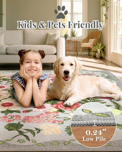 Floral Area Rug Living Room - 8x10 Washable Rugs Non-Slip Soft Bedroom Rugs Under Bed Stain Resistant Accent Indoor Floor Vintage Carpet for Dining Room Kids Playroom Home Office Decor, Grey