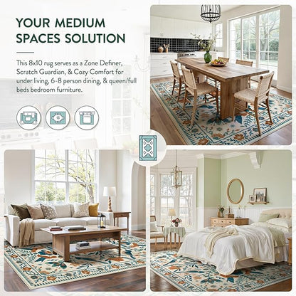 Moynesa Washable 8x10 Area Rugs for Living Room Bedroom Dining Room, Modern Bohemian Farmhouse Floral Bird Print Pattern Medallion Carpet, Retro Home Decor Open Floor Areas Non-Slip Protection