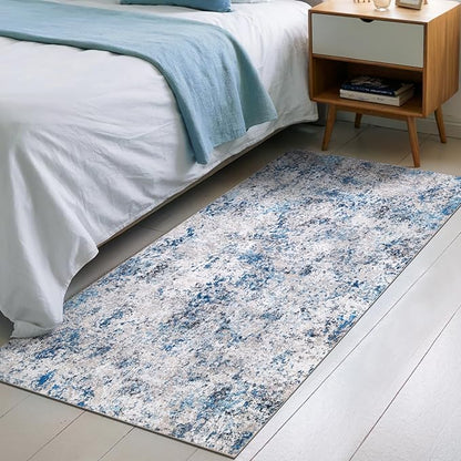 Modern Abstract Washable Area Rugs - 3x5 Contemporary Soft Mat Stain Resistant Non Slip Low Pile Indoor Throw Rug for Bedroom Kitchen Office Chair Desk - Grey/Blue