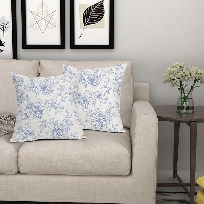 White Blue Chinoiserie Pillow Covers 16x16 Set of 2 Decorations Vintage Floral Throw Pillow Covers Boho Decor Rustic Pillowcases Farmhouse Pattern Soft Cozy for Sofa Bed Chair Home Decorative