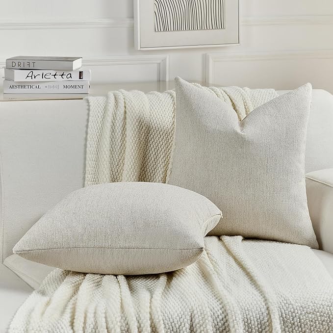 FUTEI Natural White Wood Chenille Decorative Throw Pillow Covers 12x20 Inch Set of 2,Soft Cozy Faux Linen Textured Lumbar Pillow Cases,Farmhouse Home Decor for Couch Living Room