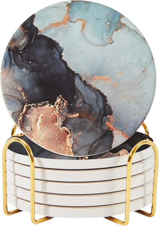 Ceramic Absorbent Coasters Set of 6 with Holder, Marble Drink Coasters for Coffee Table, Water Absorbing Coaster (Twinkle)