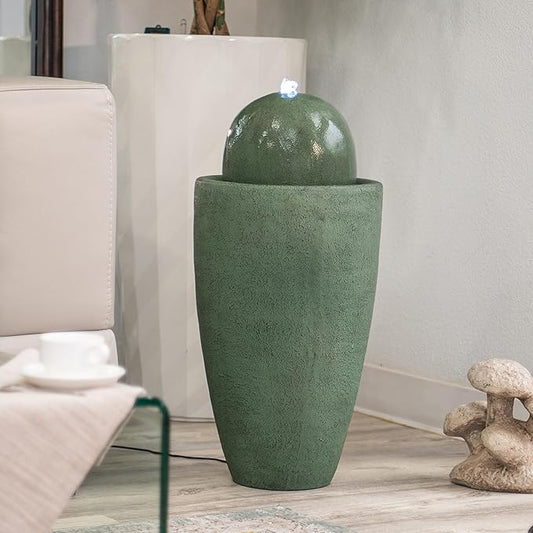 XBrand 26" Modern Sphere Water Fountain with LED Light – Indoor Outdoor Stone Texture Floor Fountain, Zen Bubbling Ball Water Feature for Garden Patio Porch - Green
