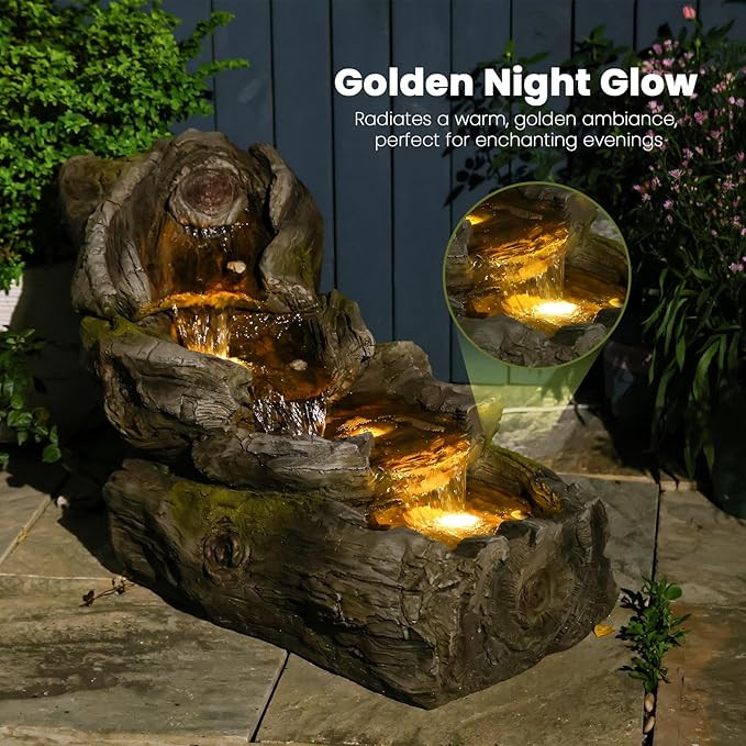 23.62" L Outdoor Water Fountain with 3 Tiers Cascading Realistic Tree Trunk Waterfall Fountains with LED Lights Outdoor Water Fountain for Garden Patio Backyard Porch Home Decor