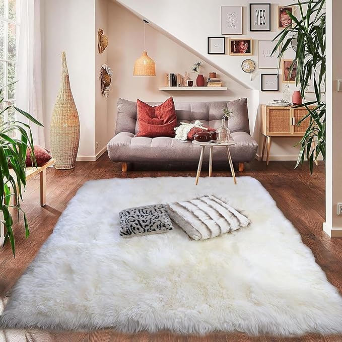 Woolous Large Sheepskin Rug, Genuine New Zealand Sheepskin Wool Mattress Topper or Soft Fluffy Ivory Shaggy Area Carpet for Bedroom, Living Room, 6.5 x 6.5 ft