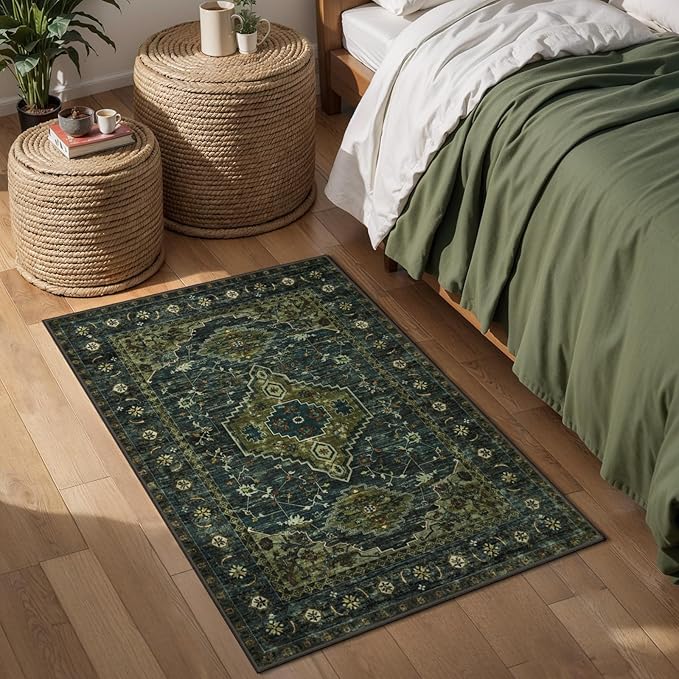 Tangsoo Oriental Small Washable Rugs for Entryway 2x3 Vintage Olive Green Rug Non Slip Small Area Rug, Front Door Boho Print Door Mat Indoor Entrance Soft Low Pile Throw Rug for Entry Kitchen Bedroom