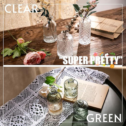 Bud Vase Set of 6, Small Flower Vases for Decorative, Gradient Glass and Embossed Vintage Style Mini Bottles for Home Décor, Centerpiece 3.3"-5.2''H(Clear+Green)