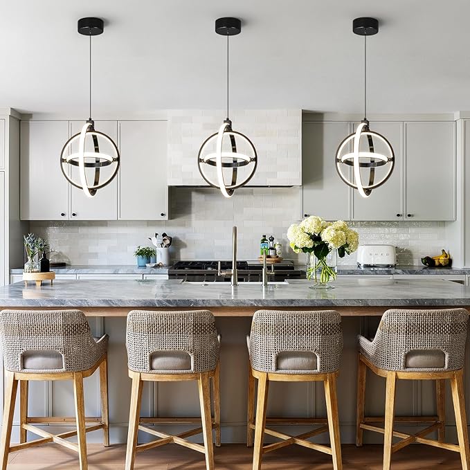 Modern LED Pendant Light Black Pendant Lights 4000K Dimmable External Glow Height Adjustable Pendant Lighting for Kitchen Island Dining Room Bedroom Living Room Foyer（3-Ring）