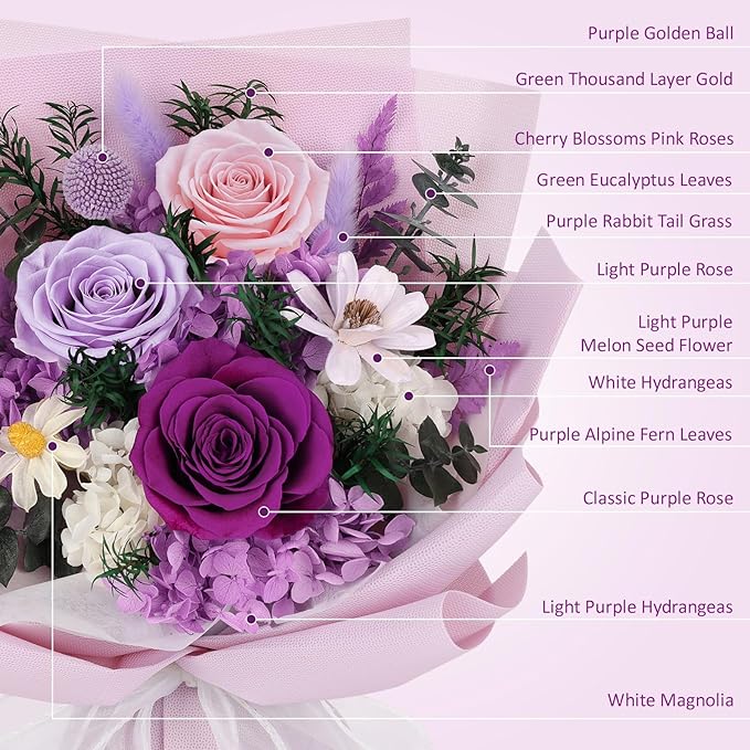 Flowers for Delivery Preserved Flowers with Vase That Last 3-5 Years Real Forever Flowers Purple Rose Bouquet for Mom Birthday Thanksgiving Christmas Gift for Women Grandma Wife Friends Her