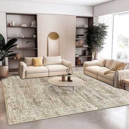 10x14 Area Rugs for Living Room, Non Slip Machine Washable Vintage Rugs, Low Pile Lightweight Large Rug for Bedroom, Dining Room, Home Office Brown