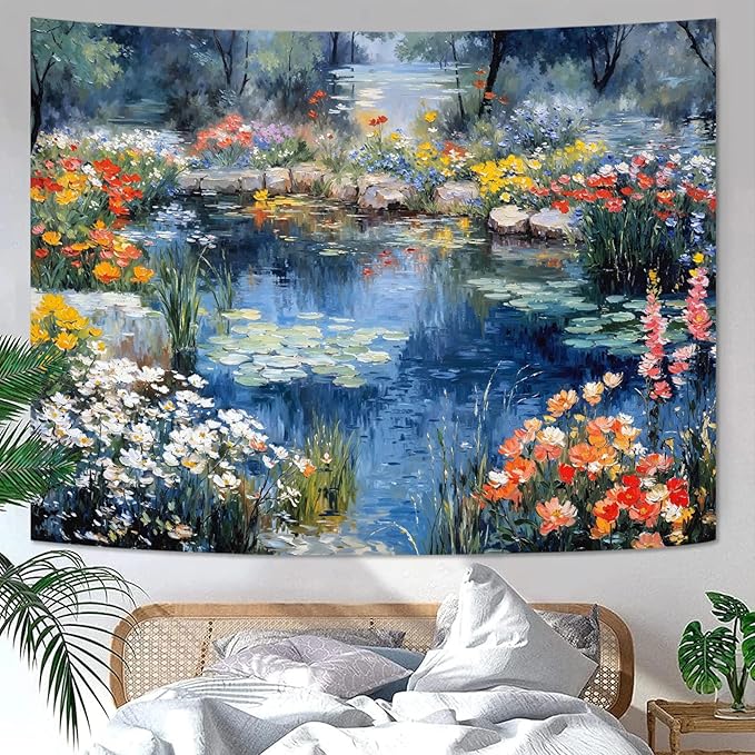 kampdream Scenery Tapestry, Colorful Flower Pond Landscape Wall Hanging, Nature Home Decor for Bedroom and Living Room Aesthetic Wall Art Decoration