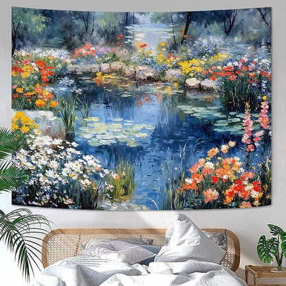 kampdream Scenery Tapestry, Colorful Flower Pond Landscape Wall Hanging, Nature Home Decor for Bedroom and Living Room Aesthetic Wall Art Decoration