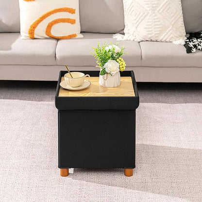 PINPLUS Storage Ottoman Cube, Linen Footrest with Wooden Legs, Foldable Fabric Footrest, Comfortable Seat with Lid, Ottoman with Storage for Living Room, 15"x 15"x 15"