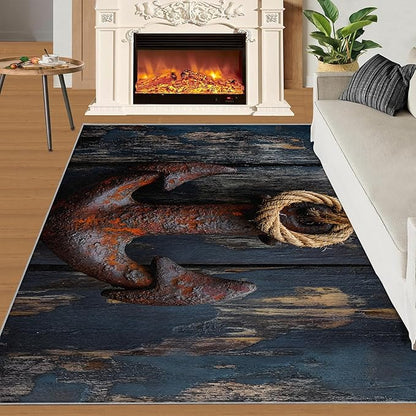 Nautical Anchor 6x8 Area Rugs,Distressed Wood Bedroom Rug Nautical Style Non-Slip Washable Rug for Living Room Nursery Kitchen Low-Pile Carpet