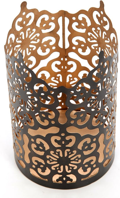 Hosley 7 Inch High Cut Bronze LED Votive Tealight Holder Lantern Intricate Floral Design for Timeless Elegance and Cozy Illumination in Stylish Home D cor Elevate Your Ambiance