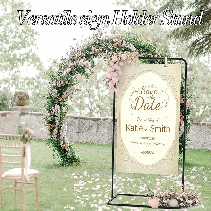 Wedding Sign Holder,Adjustable Welcome to Our Wedding Sign Stand with 2 Pack Leather Hanging Straps Heavy Duty Easel Rack Seating Chart Metal Stand for Birthday Party Baby Shower Graduation Ceremony Decoration,Black
