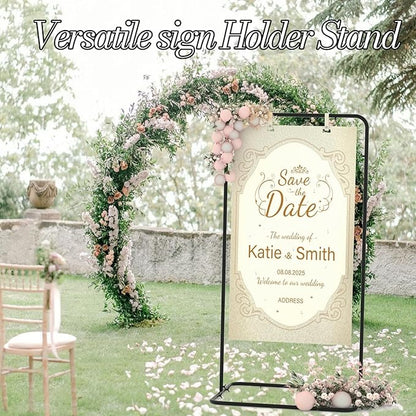 Wedding Sign Holder,Adjustable Welcome to Our Wedding Sign Stand with 2 Pack Leather Hanging Straps Heavy Duty Easel Rack Seating Chart Metal Stand for Birthday Party Baby Shower Graduation Ceremony Decoration,Black