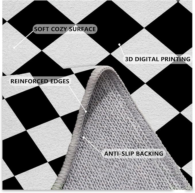 Checkered Rug, Black White Rug, Washable Rugs 8x10, Geometric Rhombus Plaid Area Rugs, Grid Gingham Carpet for Living Room Non Slip Home Decor