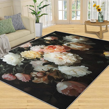 Flowers 5x7 Area Rugs for Living Room Peony Washable Rug Rustic Flowers Rug Non Slip Low Pile Soft Area Rugs for Bedroom Bedside Dining Room Kids
