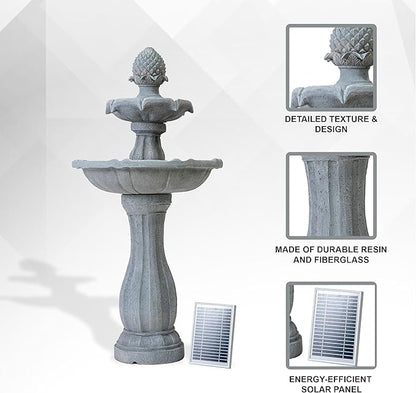 XBrand 44" H White Fiberglass/Resin 2-Tier Solar Water Feature w/Auto-Off Pump - Tall Outdoor Birdbath Fountain