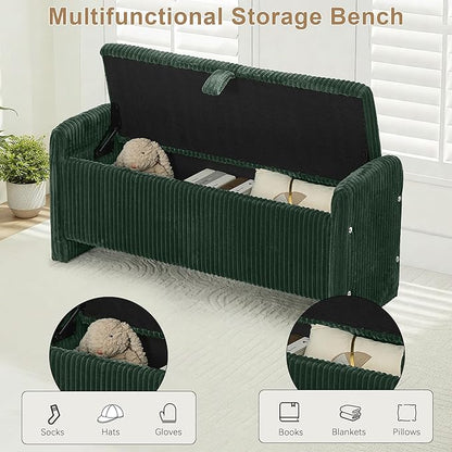 44" Storage Ottoman Bench, Upholstered End of Bed Storage Benches, Rectangle Ottoman with Storage for Bedroom, Entryway, Corduroy Green